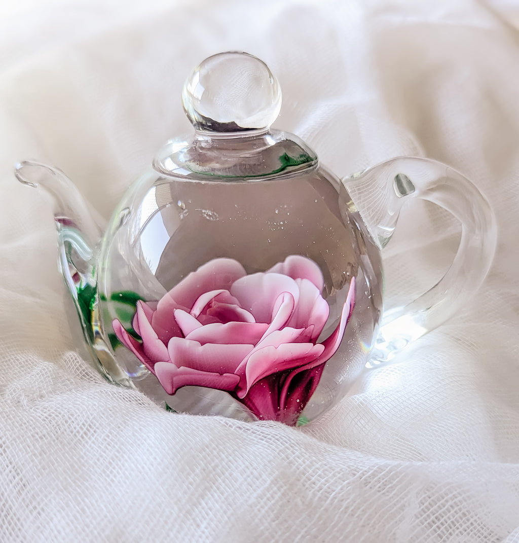 ✦ ROSE IN GLASS ~ Hand-Blown Art Glass Teapot Paperweight ✦