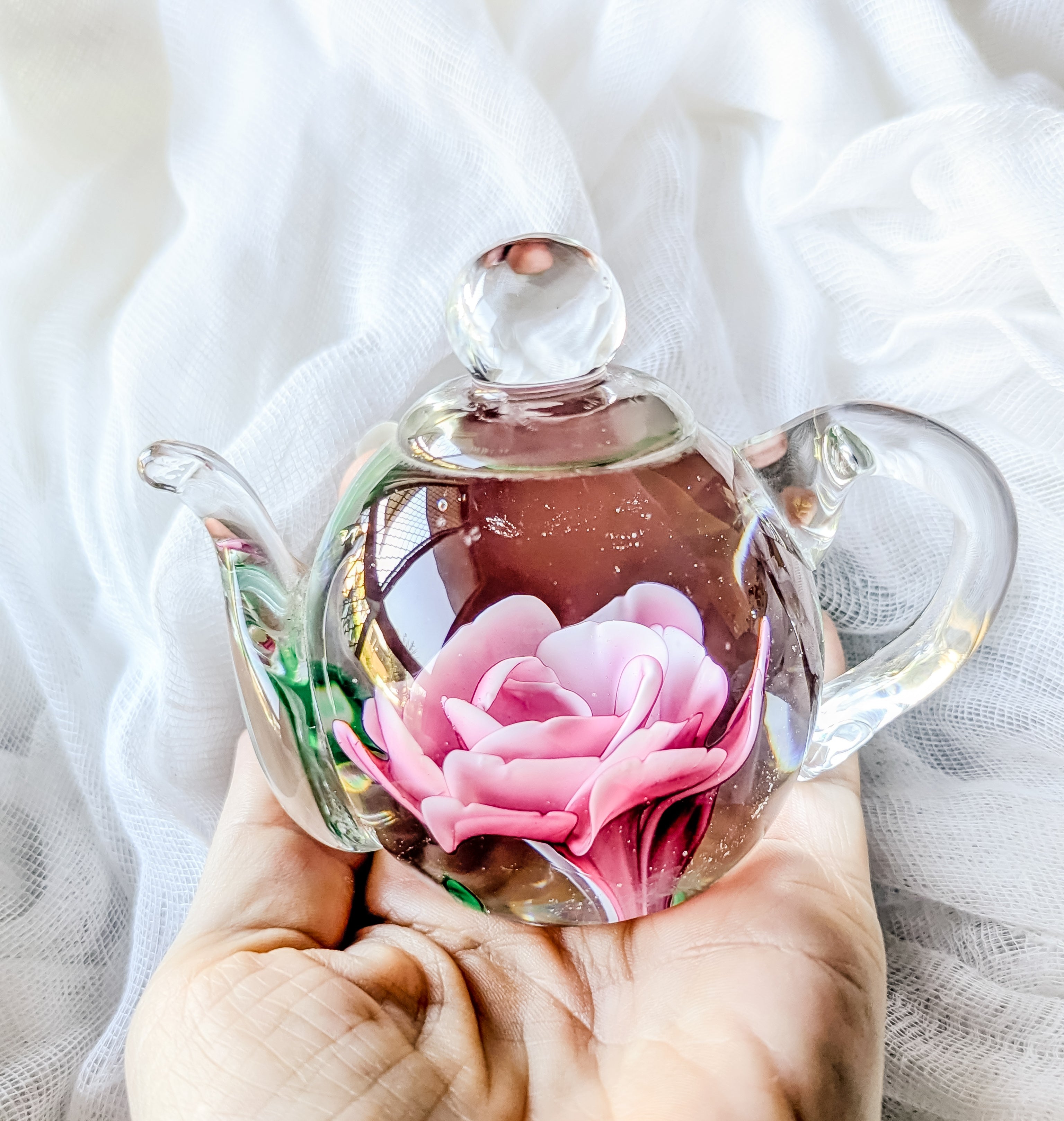 ✦ ROSE IN GLASS ~ Hand-Blown Art Glass Teapot Paperweight ✦